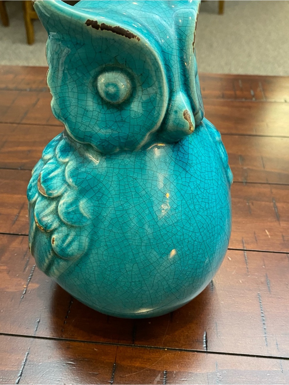 Large 9” Teal/Turquoise Ceramic Owl Figurine - Aged Vintage Look Home Decor - Picture 8 of 11